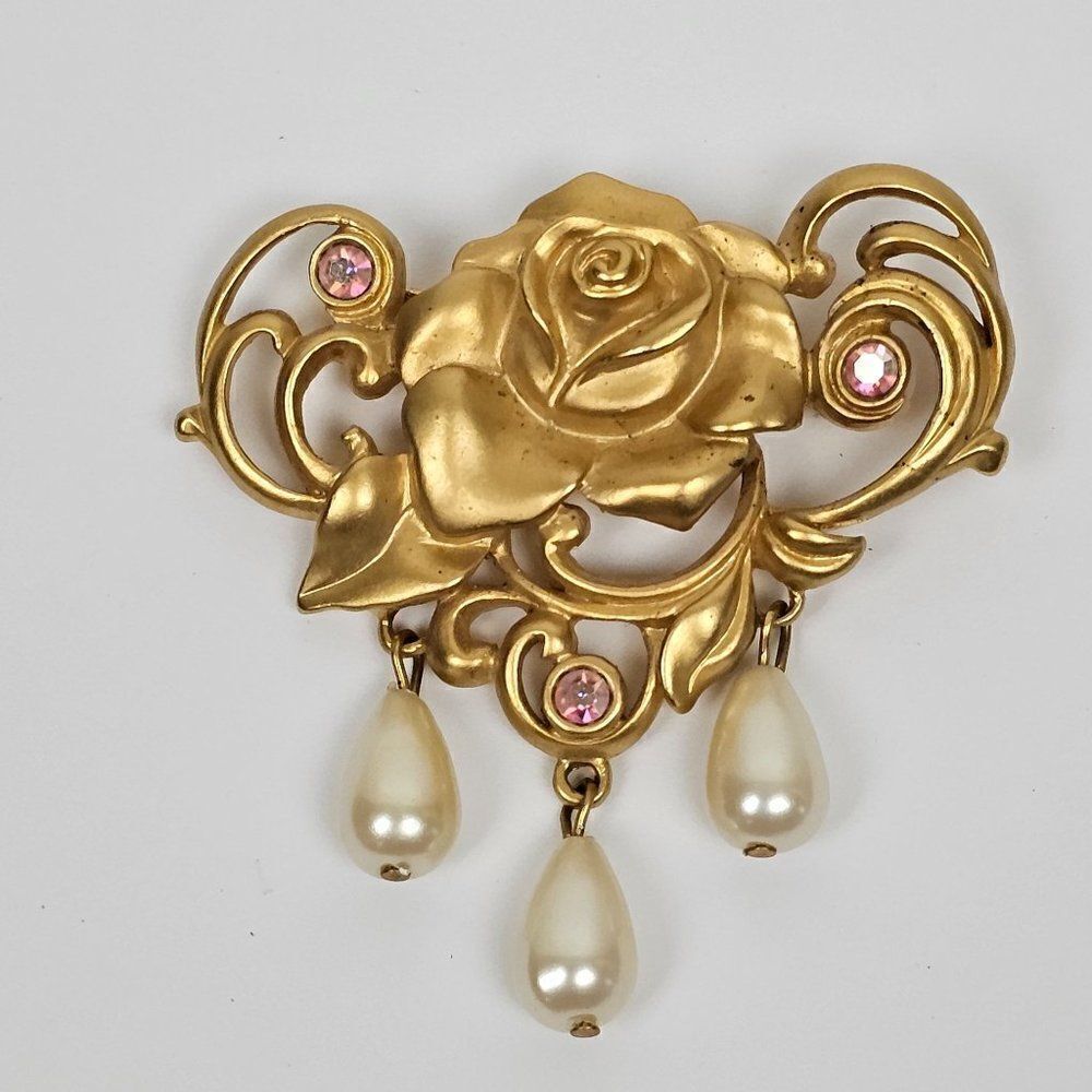 Vintage Avon‎ Victorian Rose 90s Dangling Faux Pearl AB Rhinestone Brooch Pin